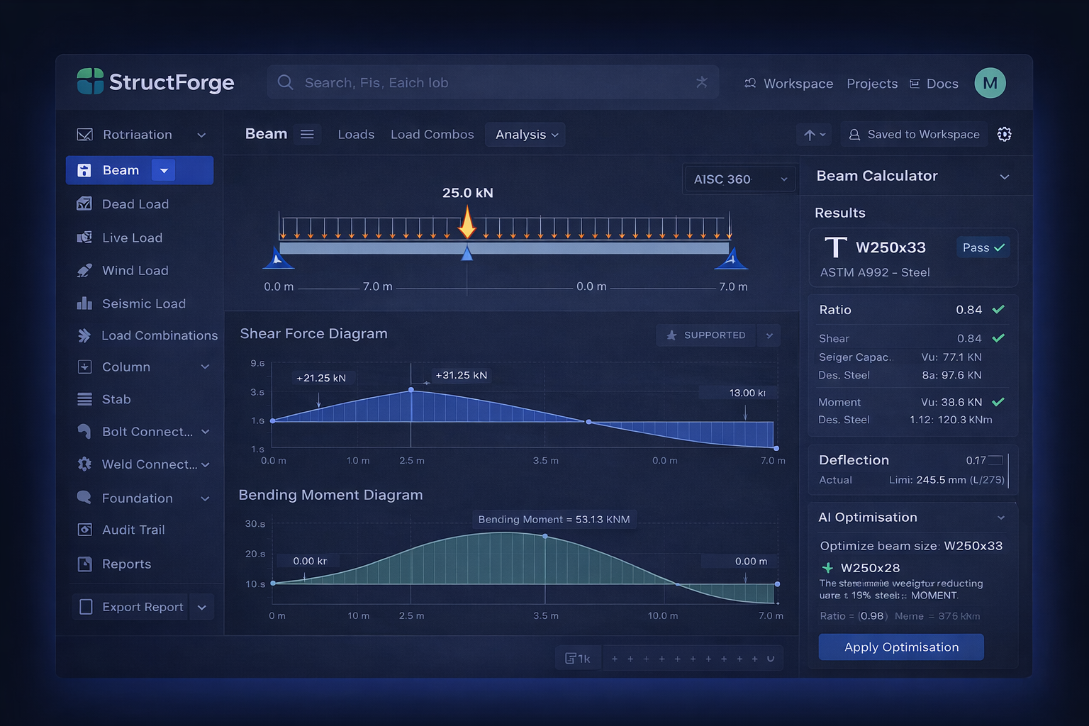 StructForge structural engineering software dashboard showing beam analysis and load calculations